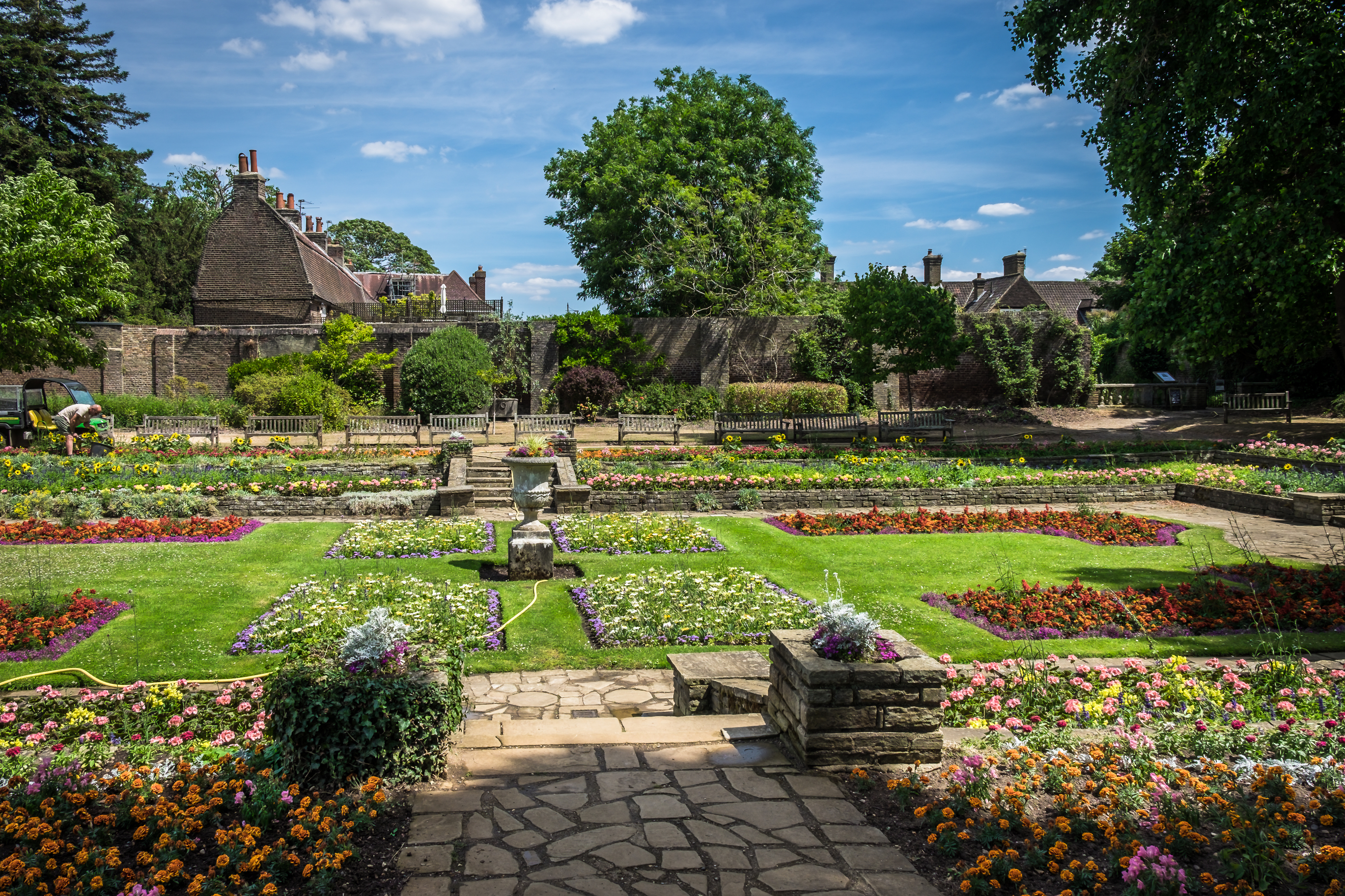 Formal flower beds and garden paths in Cannizaro Park, a quieter green space close to Wimbledon Village.